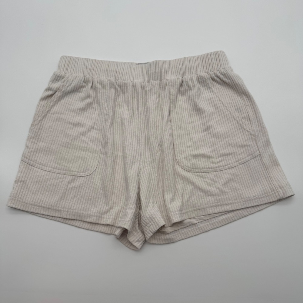 Allfenix Ribbed Knit Lounge Shorts Oatmeal Cream Beige Elastic Waist Pockets L - Picture 2 of 7